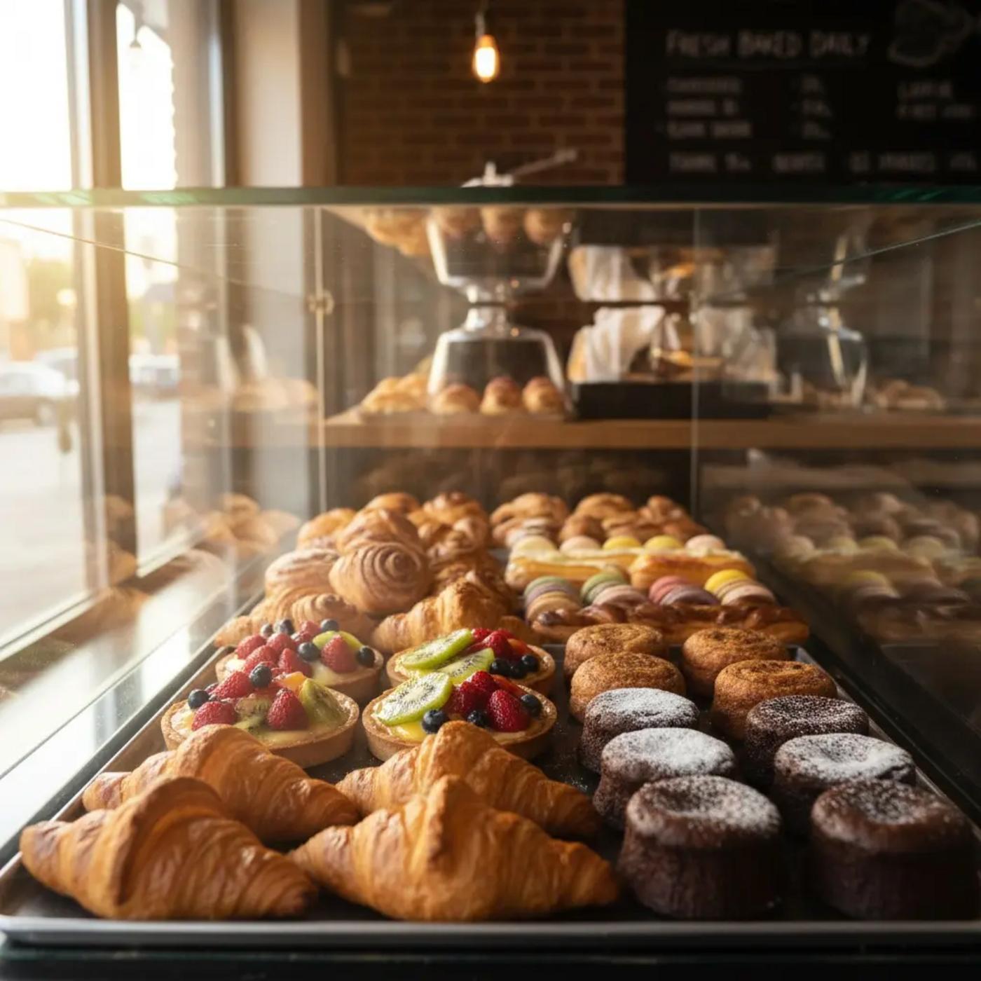 Display case at Mitho Bakery filled with croissants, fruit tarts and pastries