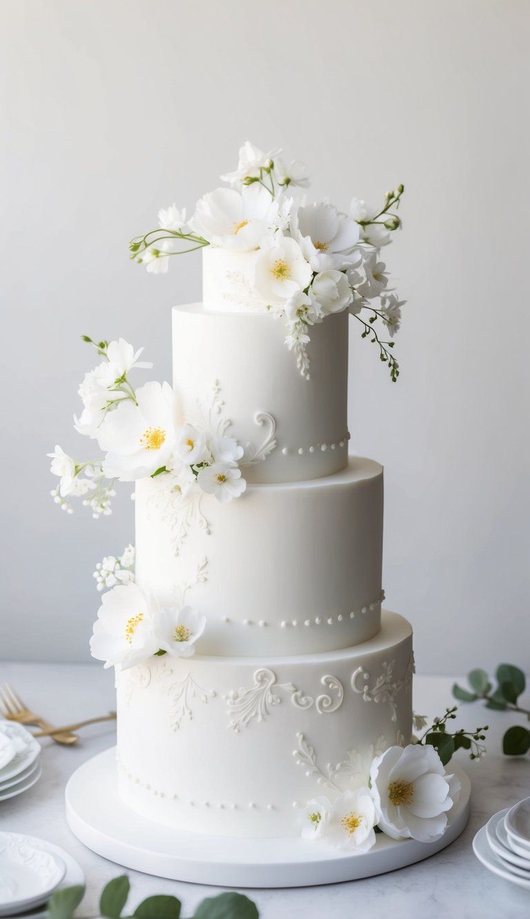 Tiered white wedding cake decorated with flowers