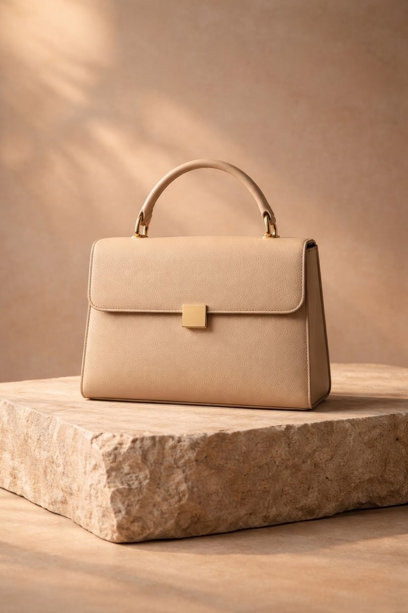 Beige structured leather handbag with a gold clasp on a stone plinth