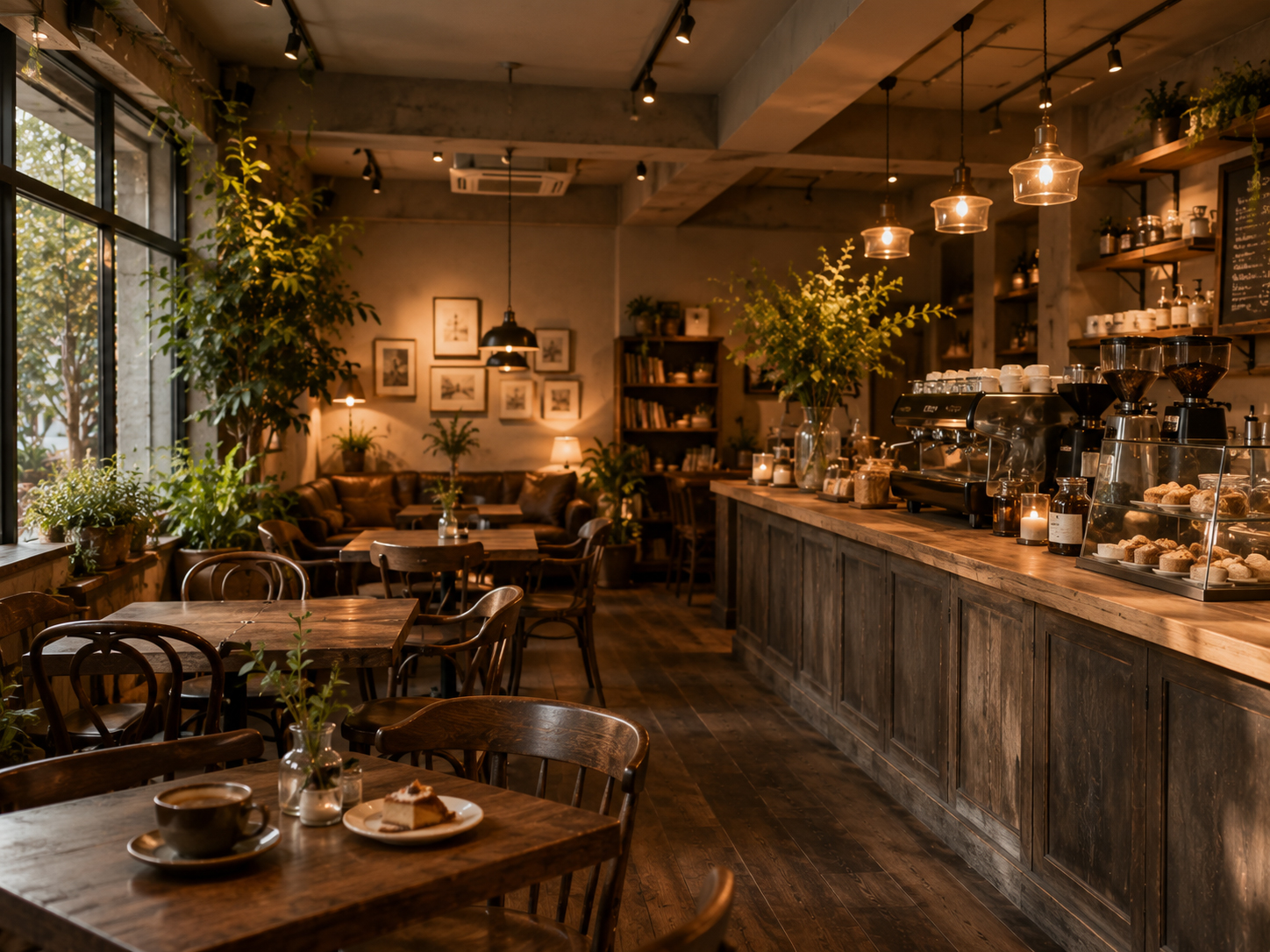 Inside Himal Bean Café — wooden tables, hanging lamps and the espresso counter
