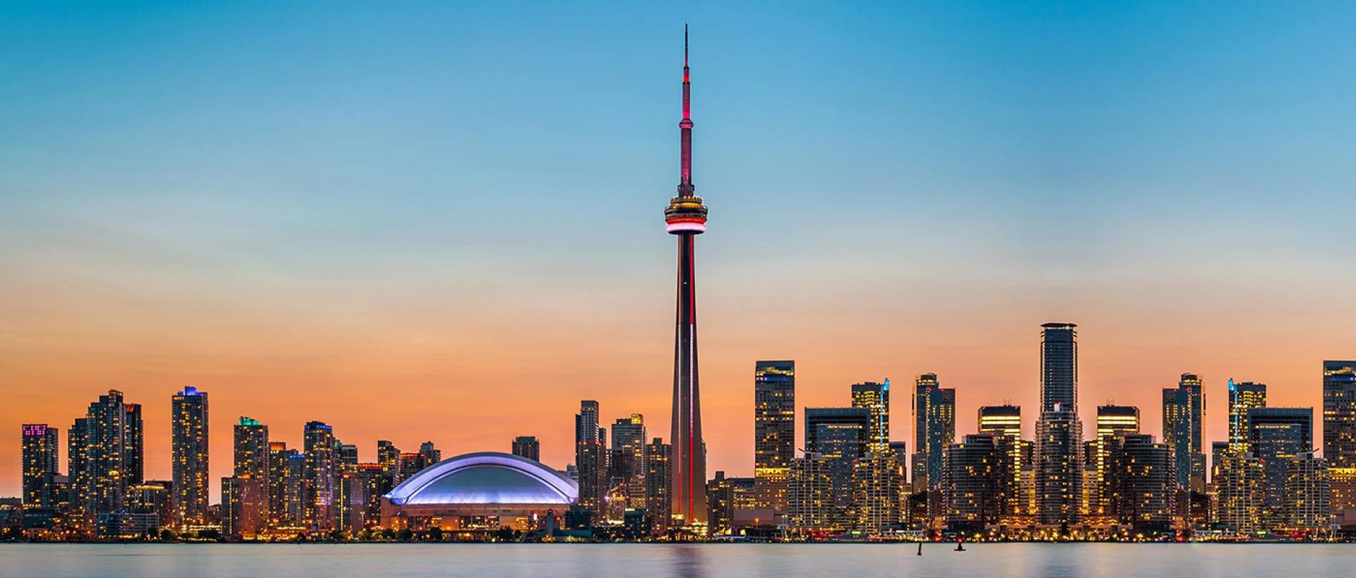 Toronto skyline with the CN Tower at sunset, Canada