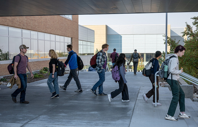 Students walking between buildings on a university campus