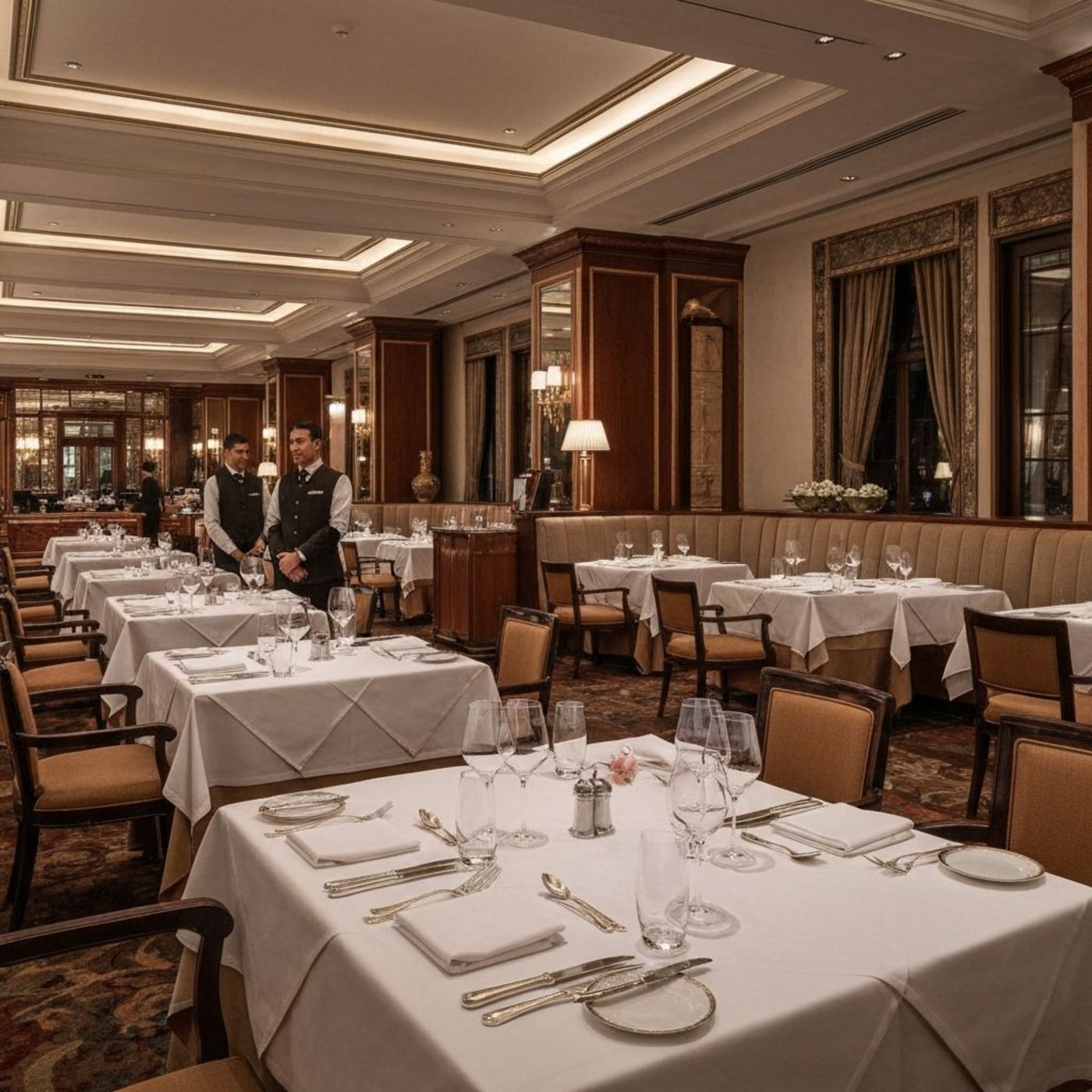The lodge dining room set for dinner service with linen tablecloths and warm wood panelling