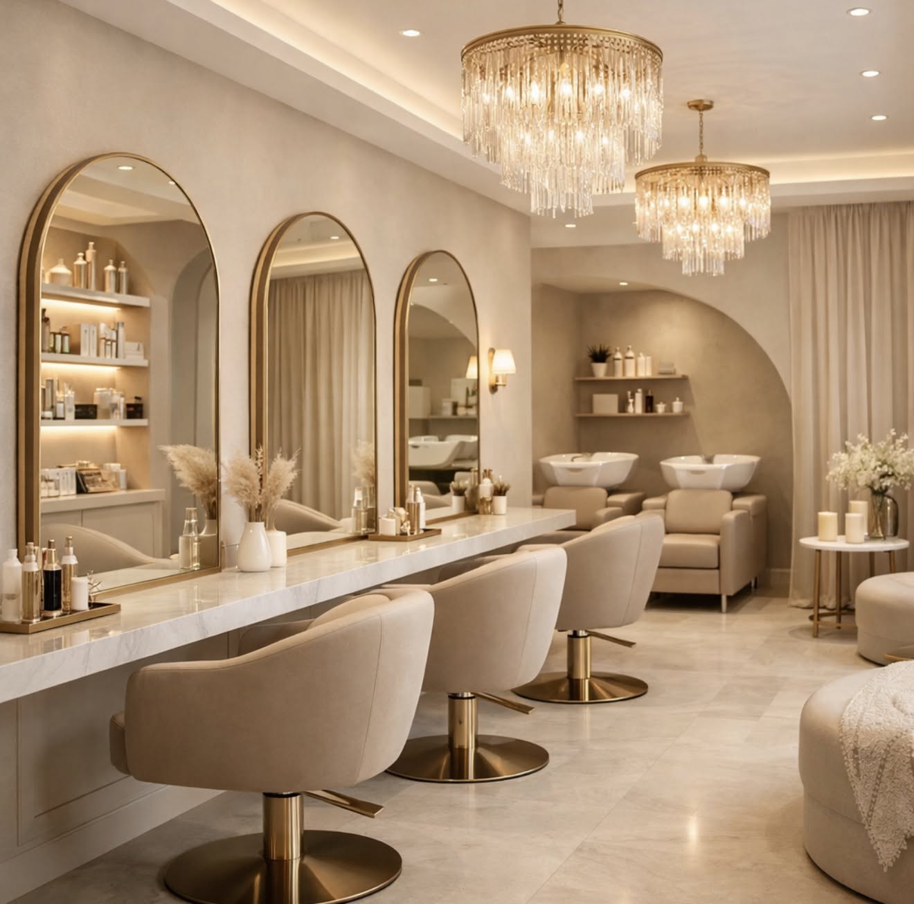 The Velvet Rose salon interior with arched mirrors