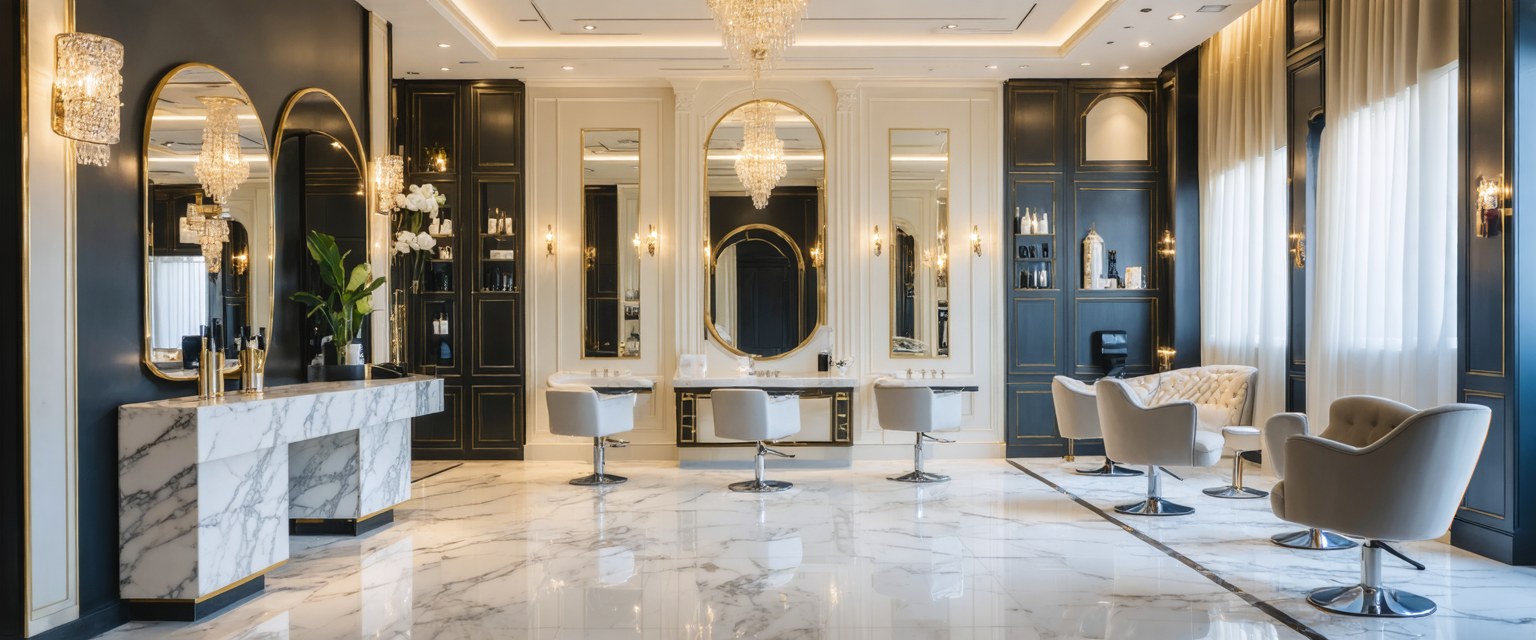 Inside the Lumière salon — marble styling stations, arched gold mirrors and crystal chandeliers