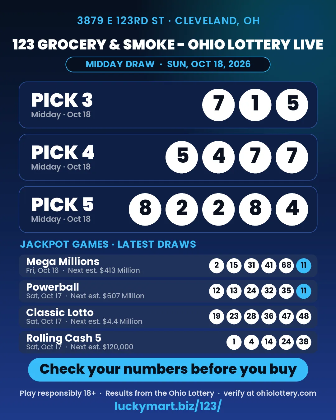 123 Grocery & Smoke Ohio Lottery midday results board for October 18, 2026: Pick 3 7-1-5, Pick 4 5-4-7-7, Pick 5 8-2-2-8-4