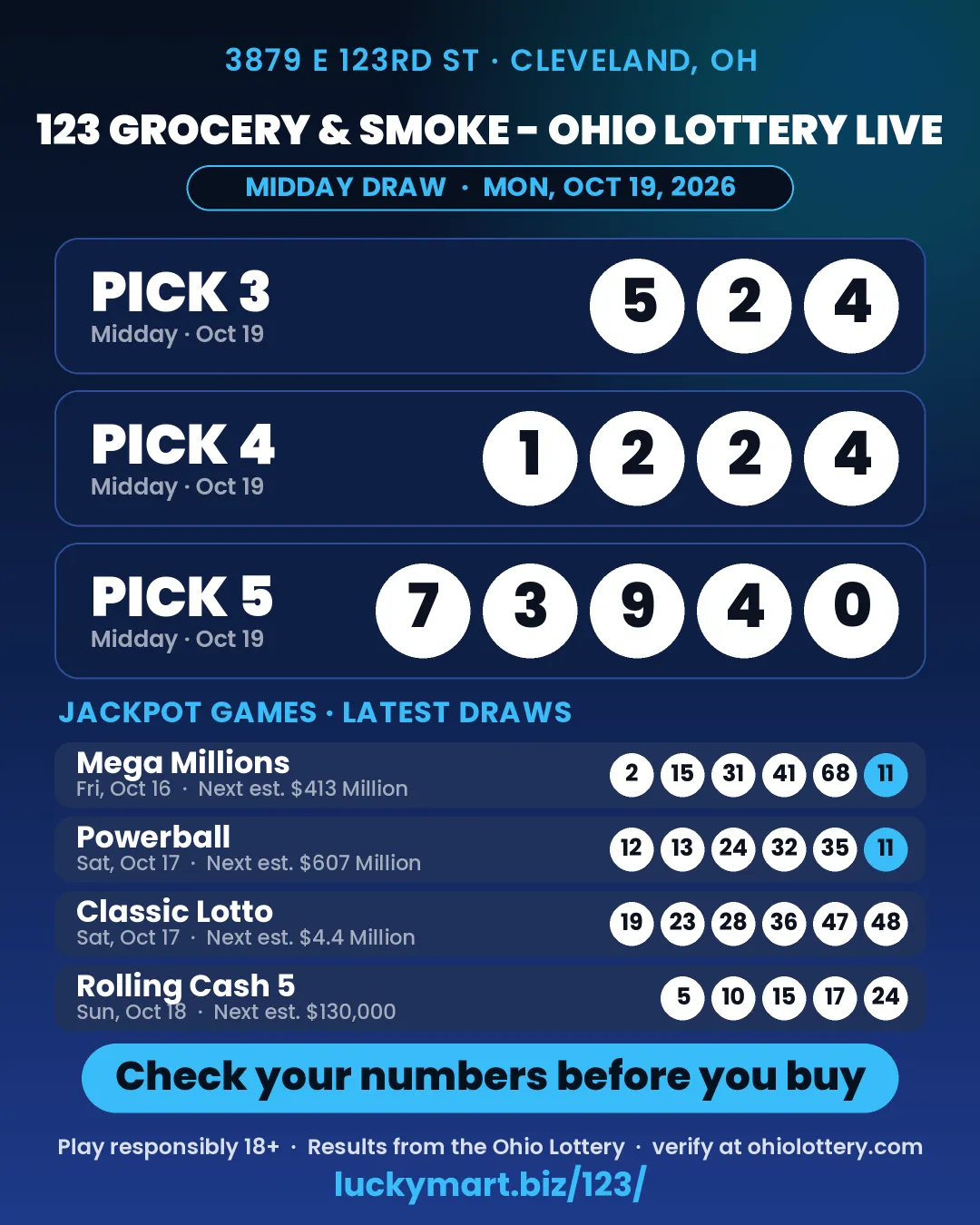 123 Grocery & Smoke Ohio Lottery midday results board for October 19, 2026: Pick 3 5-2-4, Pick 4 1-2-2-4, Pick 5 7-3-9-4-0