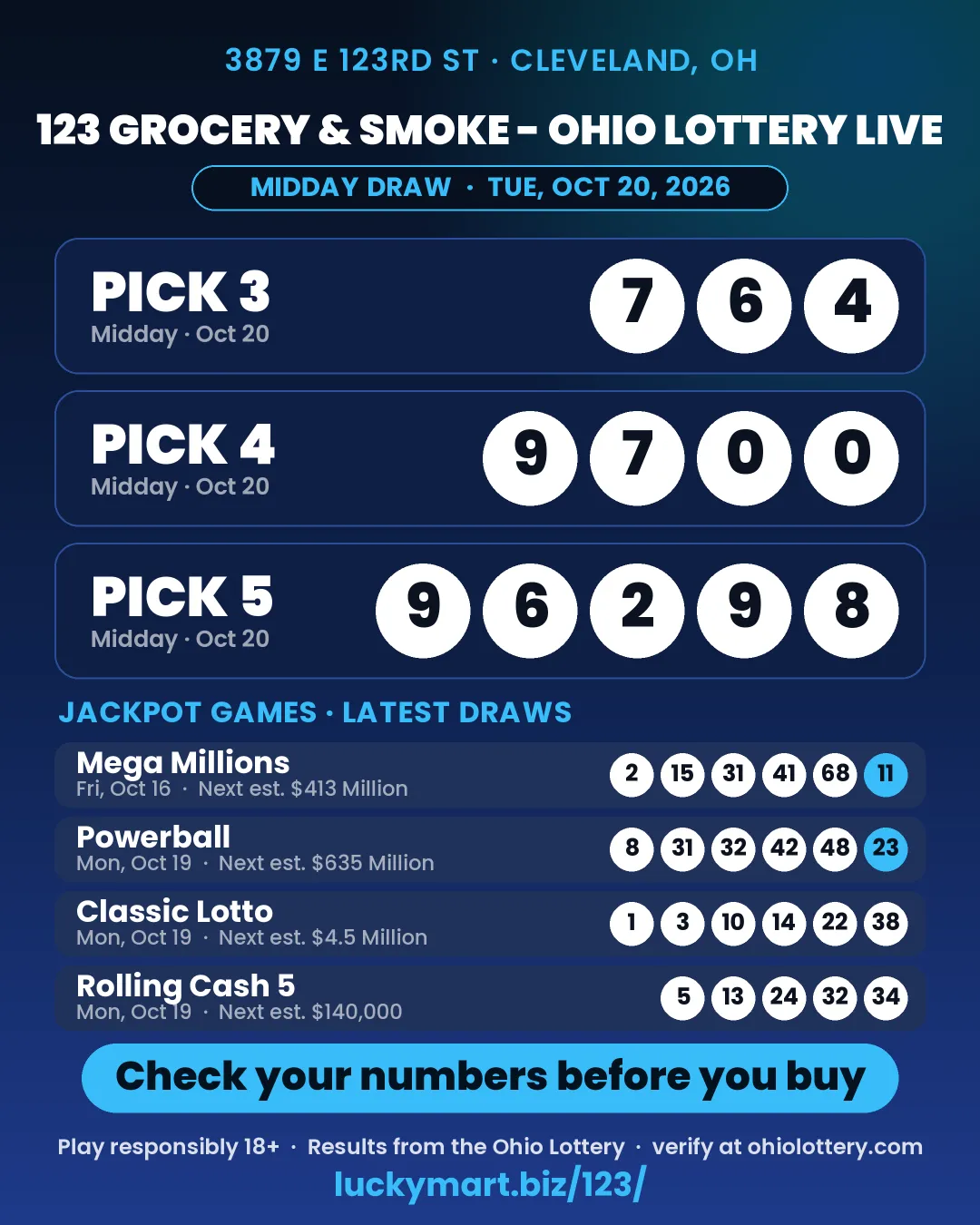123 Grocery & Smoke Ohio Lottery midday results board for October 20, 2026: Pick 3 7-6-4, Pick 4 9-7-0-0, Pick 5 9-6-2-9-8
