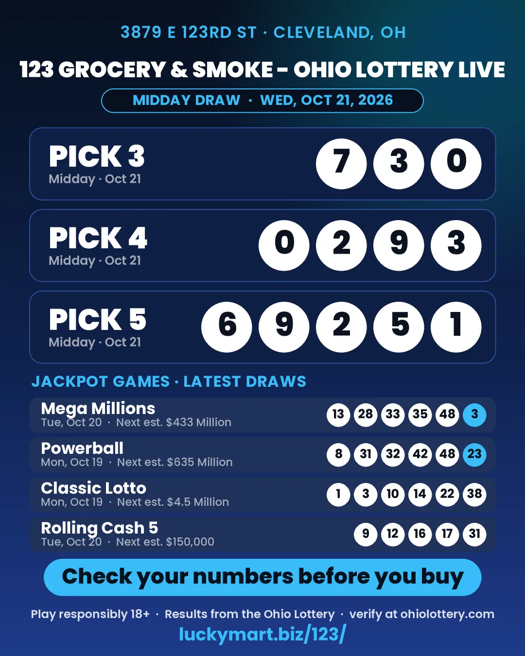 123 Grocery & Smoke Ohio Lottery midday results board for October 21, 2026: Pick 3 7-3-0, Pick 4 0-2-9-3, Pick 5 6-9-2-5-1