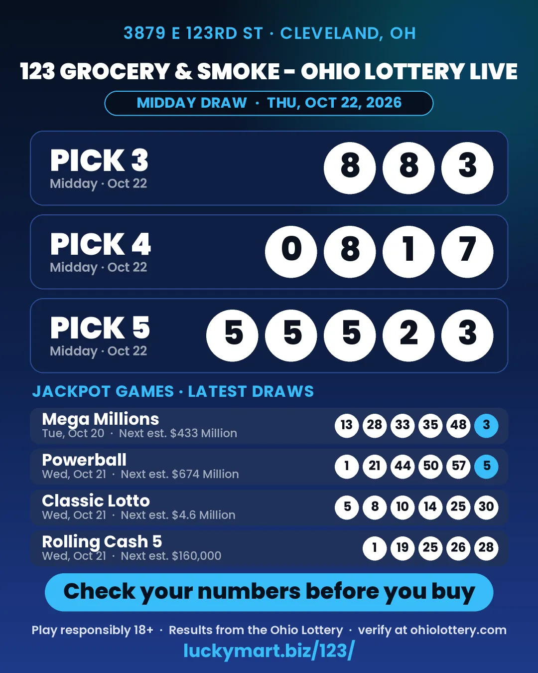 123 Grocery & Smoke Ohio Lottery midday results board for October 22, 2026: Pick 3 8-8-3, Pick 4 0-8-1-7, Pick 5 5-5-5-2-3