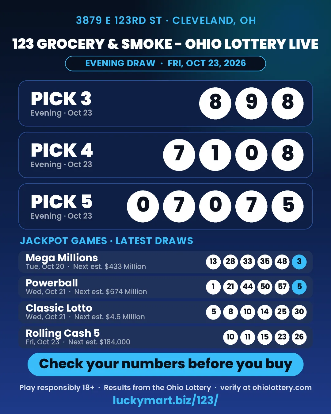 123 Grocery & Smoke Ohio Lottery evening results board for October 23, 2026: Pick 3 8-9-8, Pick 4 7-1-0-8, Pick 5 0-7-0-7-5
