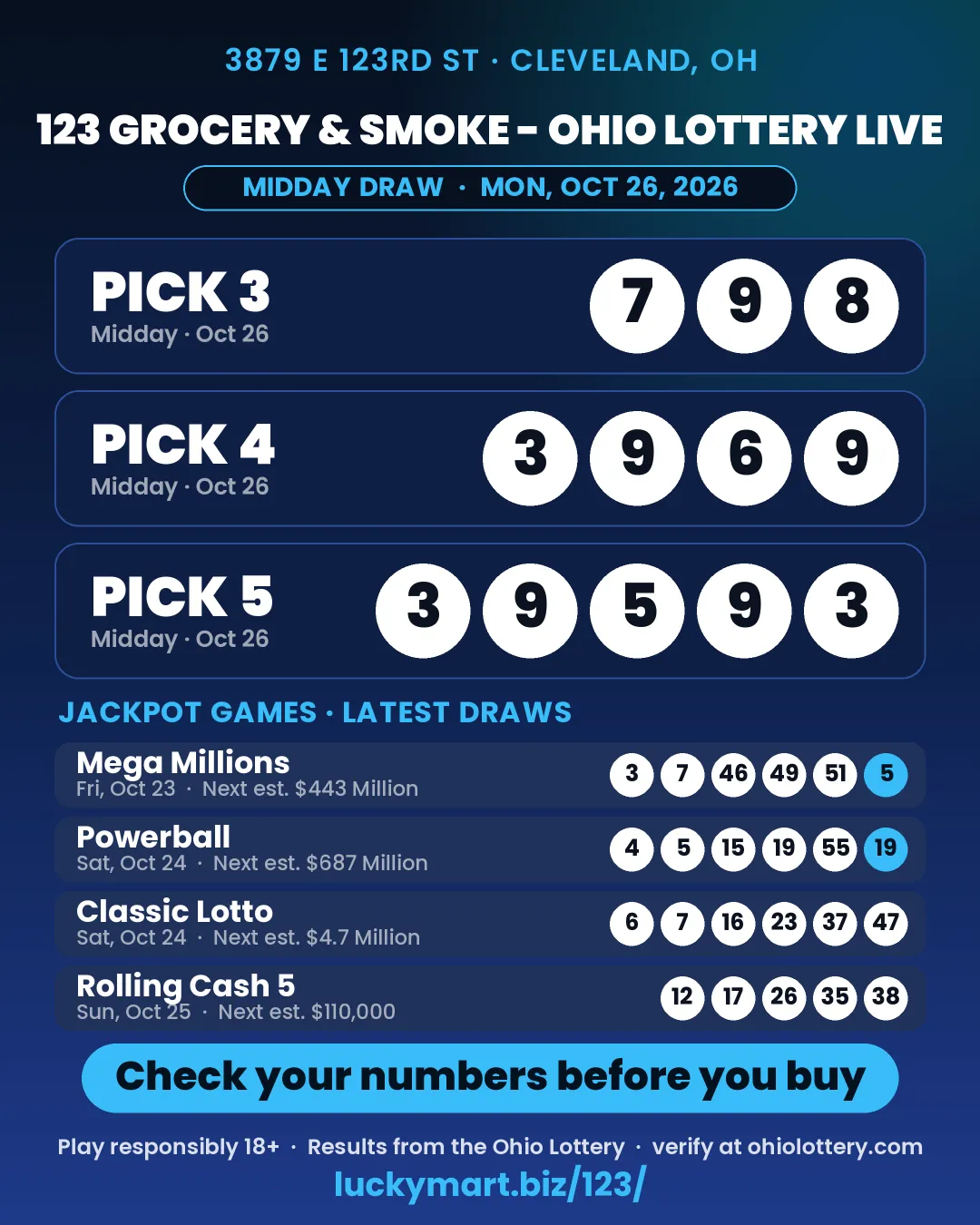 123 Grocery & Smoke Ohio Lottery midday results board for October 26, 2026: Pick 3 7-9-8, Pick 4 3-9-6-9, Pick 5 3-9-5-9-3