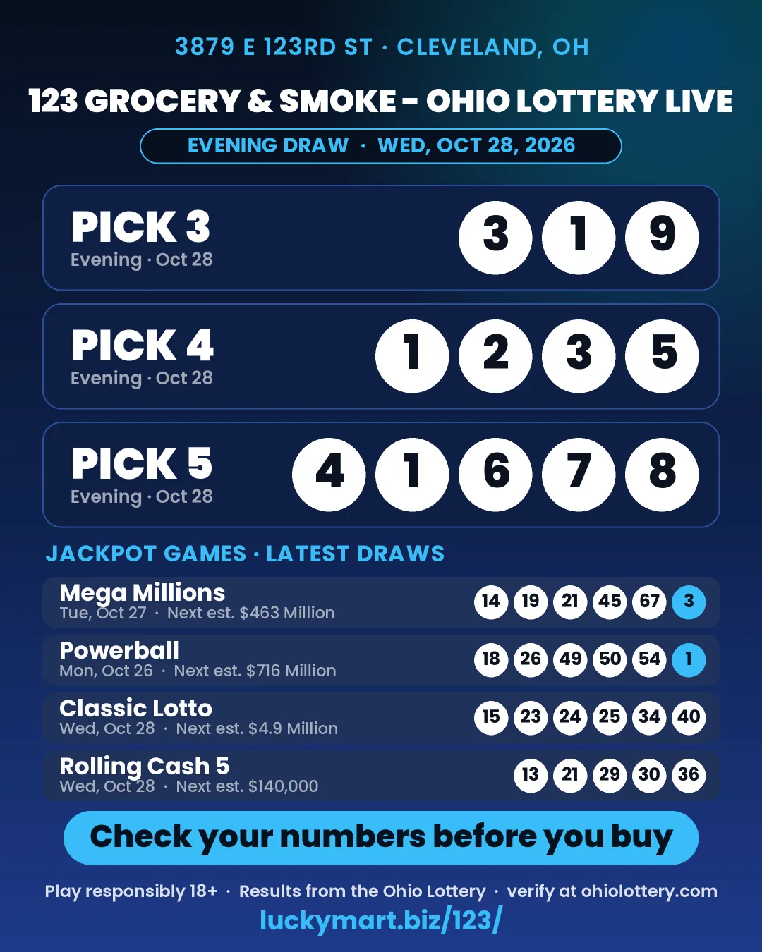 123 Grocery & Smoke Ohio Lottery evening results board for October 28, 2026: Pick 3 3-1-9, Pick 4 1-2-3-5, Pick 5 4-1-6-7-8