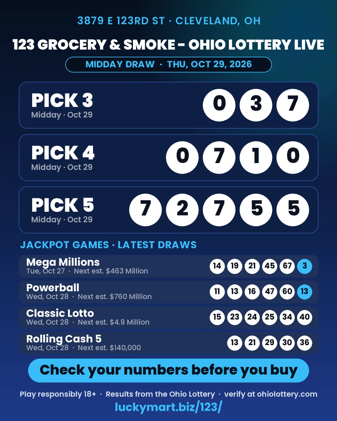 123 Grocery & Smoke Ohio Lottery midday results board for October 29, 2026: Pick 3 0-3-7, Pick 4 0-7-1-0, Pick 5 7-2-7-5-5