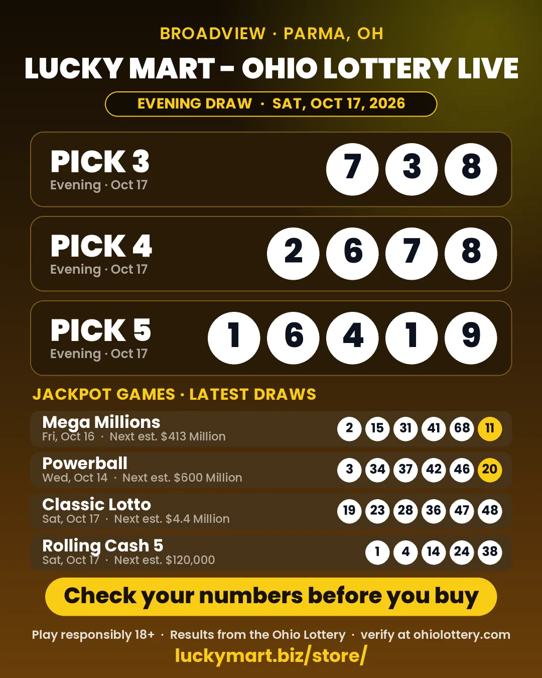 Lucky Mart Ohio Lottery evening results board for October 17, 2026: Pick 3 7-3-8, Pick 4 2-6-7-8, Pick 5 1-6-4-1-9