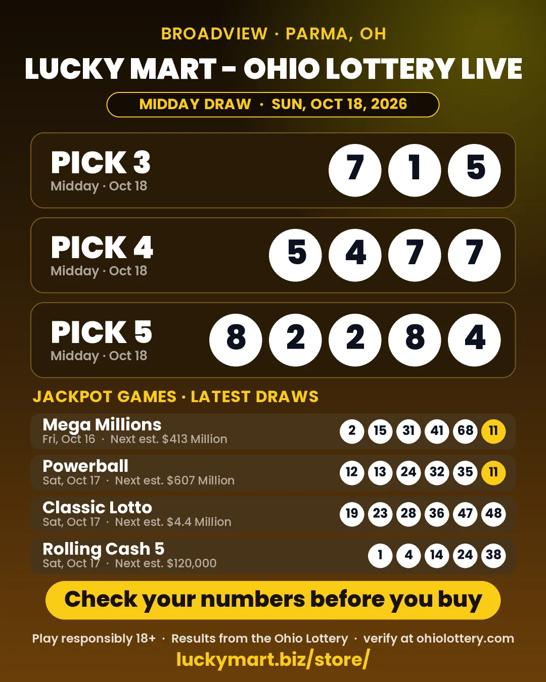 Lucky Mart Ohio Lottery midday results board for October 18, 2026: Pick 3 7-1-5, Pick 4 5-4-7-7, Pick 5 8-2-2-8-4