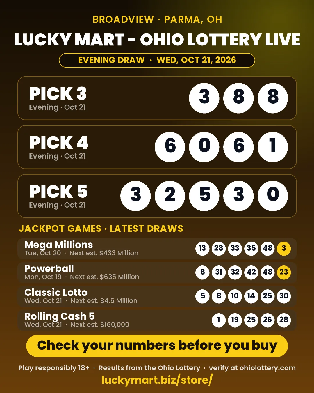 Lucky Mart Ohio Lottery evening results board for October 21, 2026: Pick 3 3-8-8, Pick 4 6-0-6-1, Pick 5 3-2-5-3-0