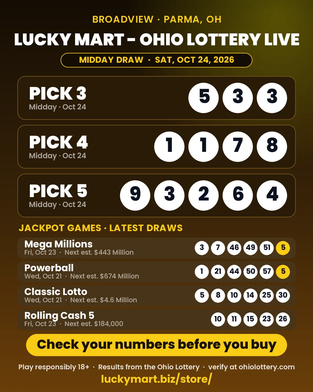 Lucky Mart Ohio Lottery midday results board for October 24, 2026: Pick 3 5-3-3, Pick 4 1-1-7-8, Pick 5 9-3-2-6-4