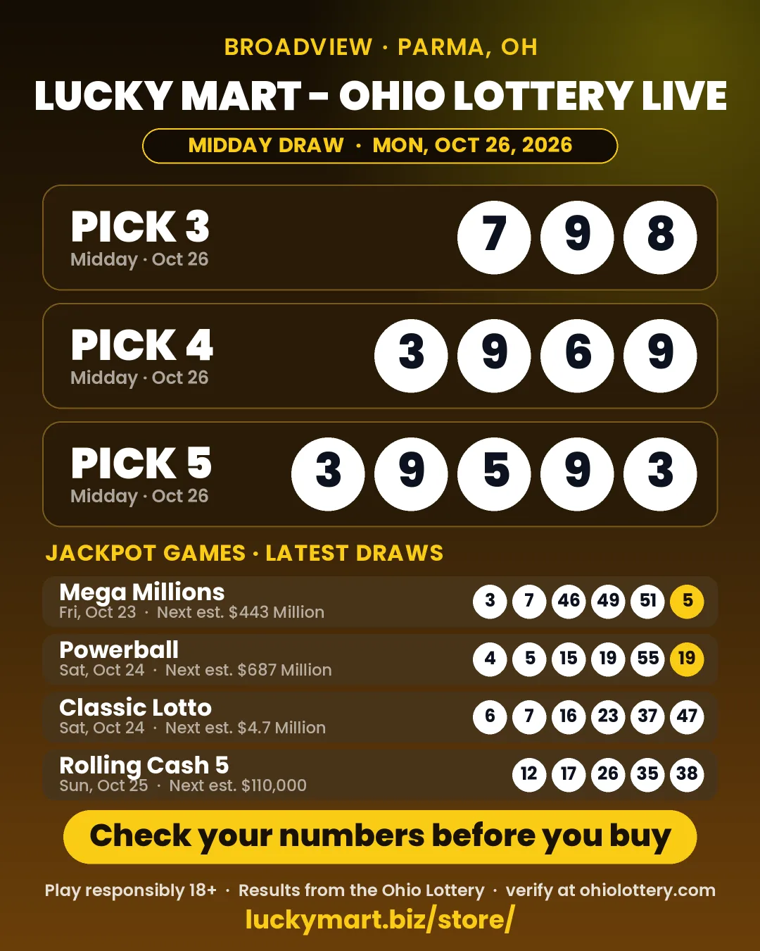 Lucky Mart Ohio Lottery midday results board for October 26, 2026: Pick 3 7-9-8, Pick 4 3-9-6-9, Pick 5 3-9-5-9-3