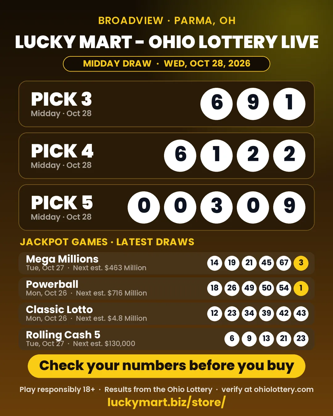 Lucky Mart Ohio Lottery midday results board for October 28, 2026: Pick 3 6-9-1, Pick 4 6-1-2-2, Pick 5 0-0-3-0-9